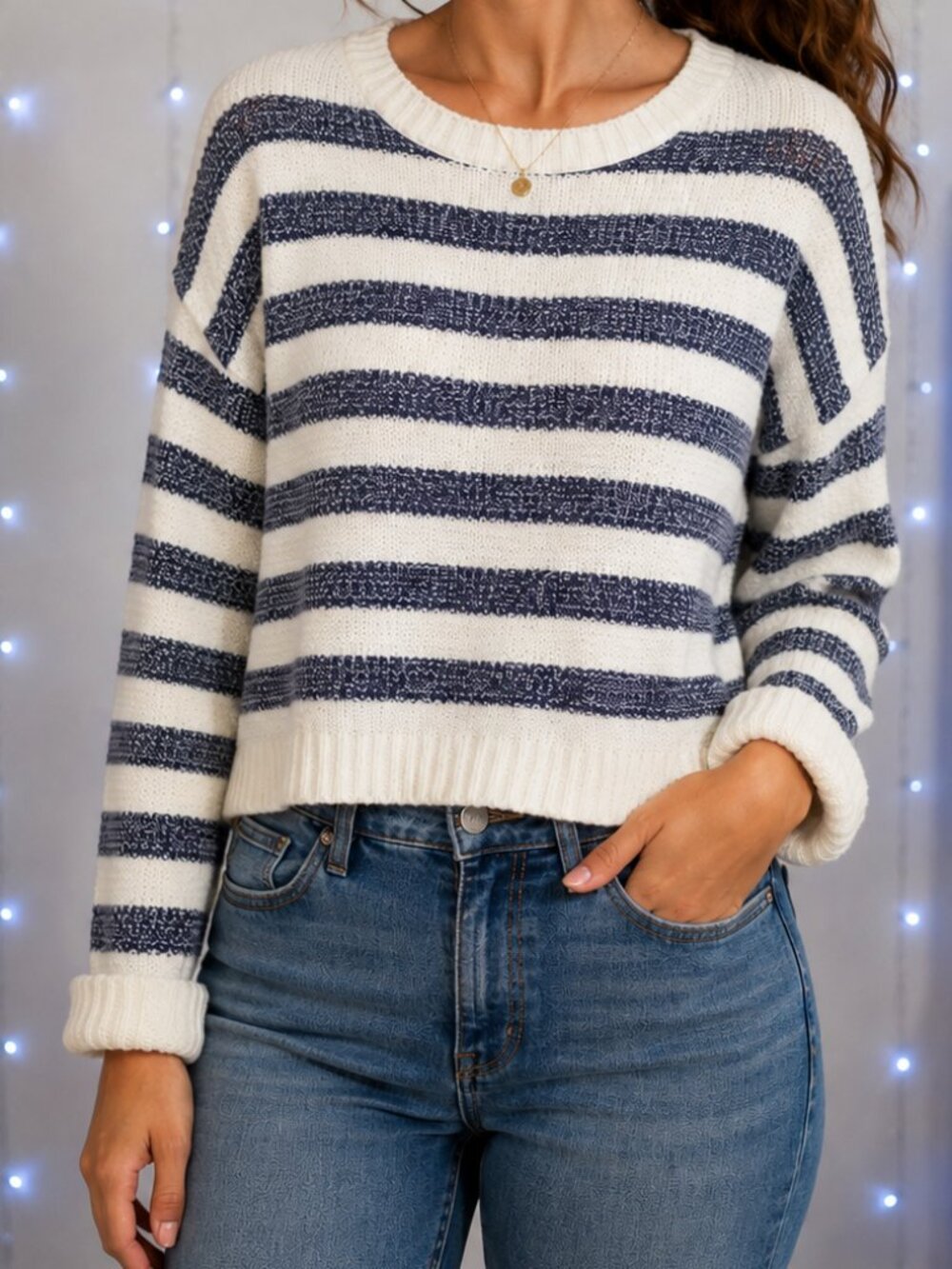 Cotton Emporium Striped Knit Sweater Cream & Navy – Size XL